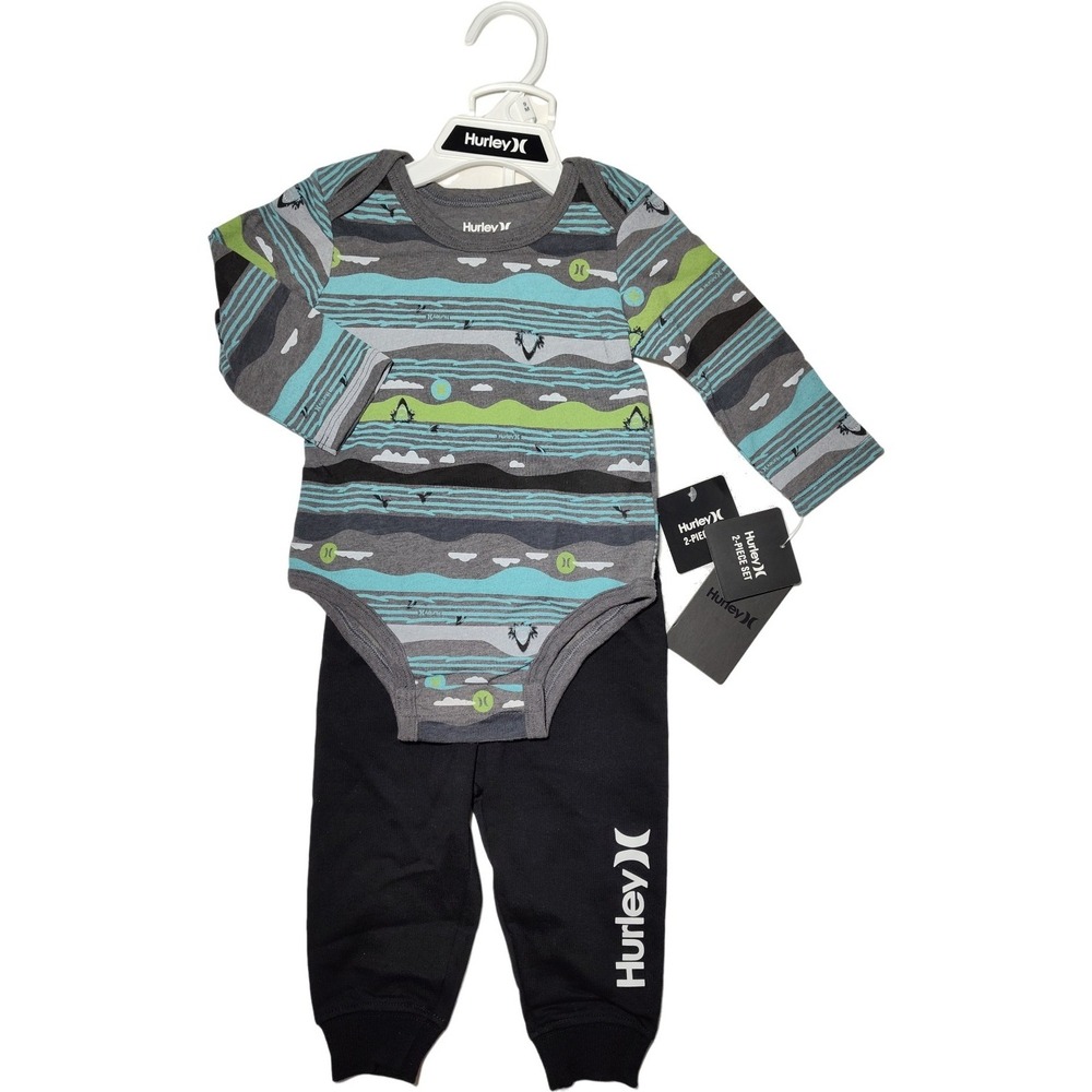 Hurley Baby Shark 9 Mos‎ Outfit Set 2pc Black Sweat Pants LS Bodysuit Boy NWT